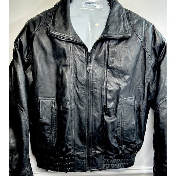 Saddlery Cooper Collections Men’s L Black Leather Bomber Biker Jacket Coat Moto - Picture 1 of 11